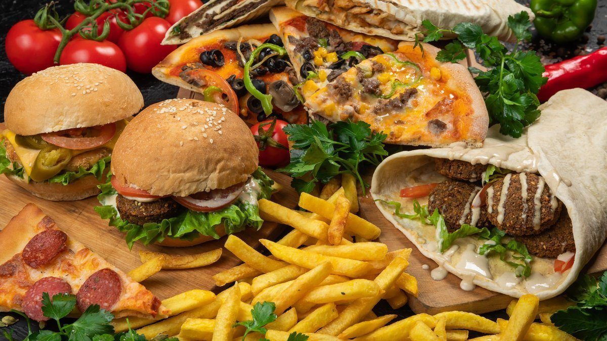 Pizza, burgers, falafel wrap and fries from Sam's